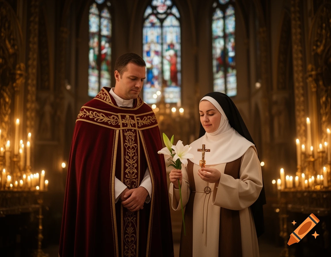 A priest and a nun stand in a dimly lit church. The nun holds a white lily and a crucifix, while the priest looks on, wearing a red and gold vestment.