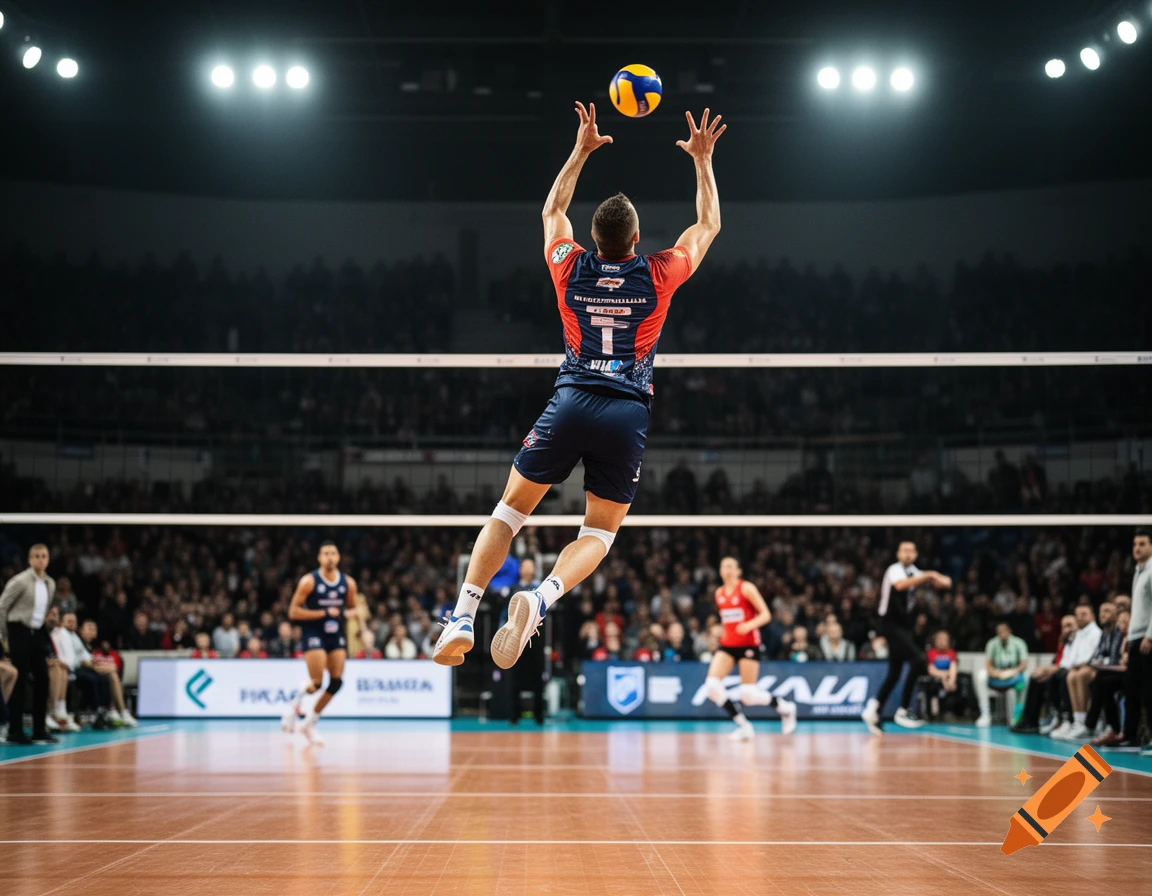 A male volleyball player in a red and blue jersey jumps to hit a volleyball during a game in a brightly lit arena.