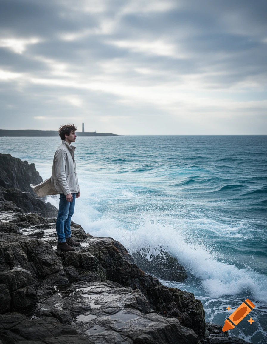 A man stands on dark rocks by a stormy sea, looking towards a distant lighthouse under a cloudy sky. Photorealistic.