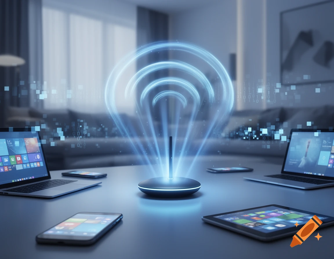 A glowing central device emits blue Wi-Fi signals and binary code to surrounding laptops, tablets, and smartphones, illustrating wireless connectivity.