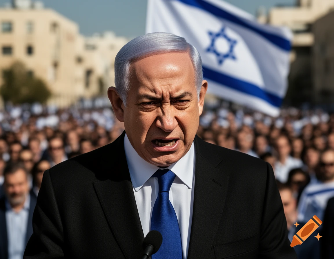 Photorealistic portrait of a furious Benjamin Netanyahu speaking into a microphone, with a crowd and Israeli flag in the background.