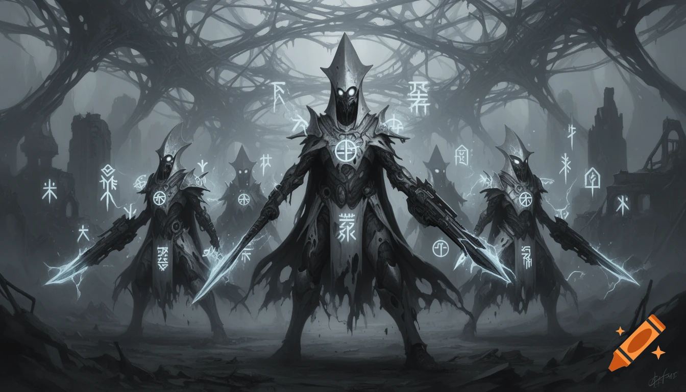 Grimdark sci-fi fantasy concept art of five armored, cloaked figures with glowing eyes and energy weapons standing in a desolate, ruined landscape with strange organic structures overhead and glowing runes floating around them.
