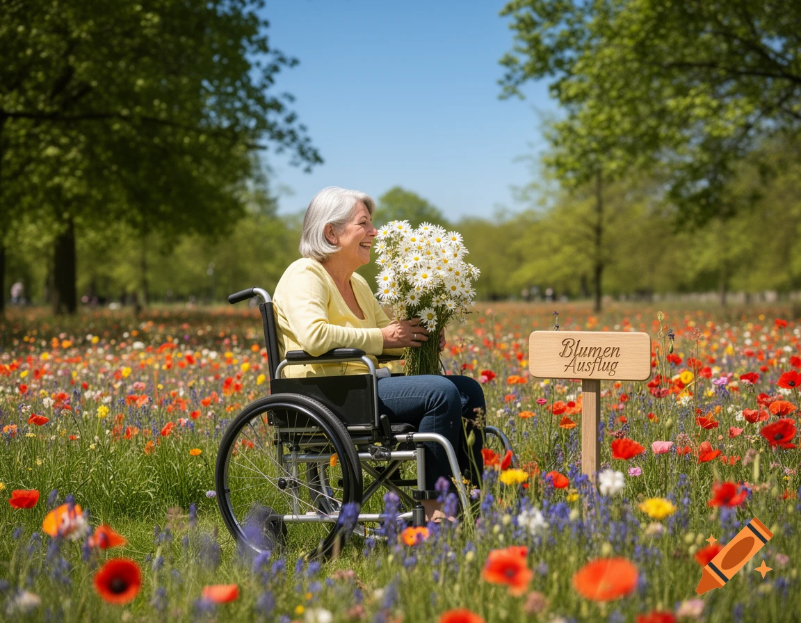 An elderly woman in a wheelchair smiles while holding a large bouquet of daisies in a vibrant, sunlit field of wildflowers.