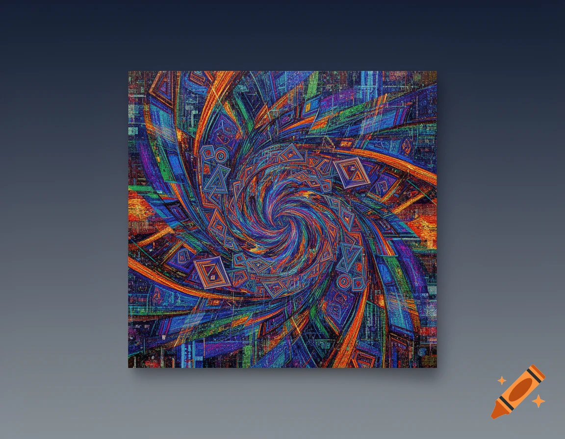 Vibrant abstract swirl of geometric shapes and lines in blue, orange, green, and purple, creating an intricate pattern.