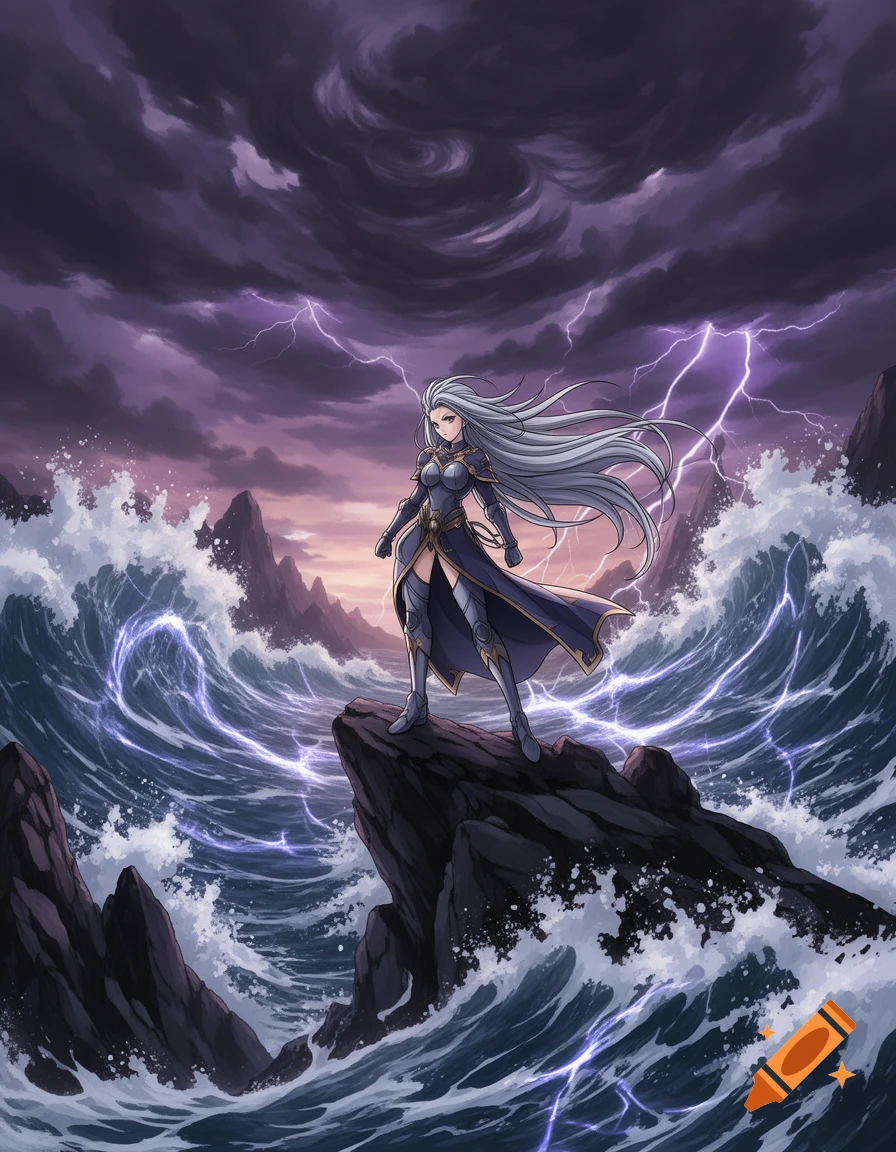 Anime style female character with long silver hair and dark armor standing on a rock amidst stormy waves and lightning under dark clouds.
