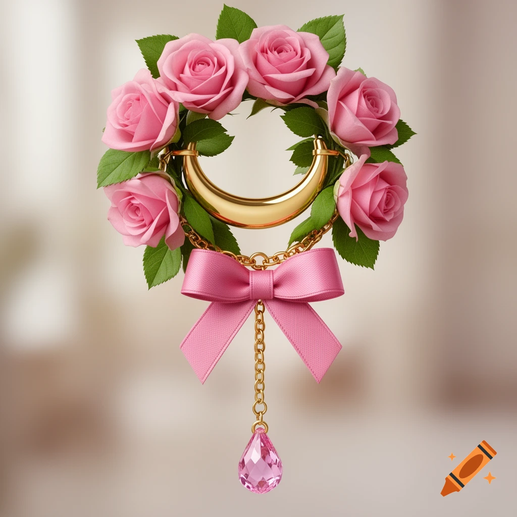 A decorative golden half-circle ring adorned with pink roses and leaves, featuring a pink bow and a dangling pink crystal.