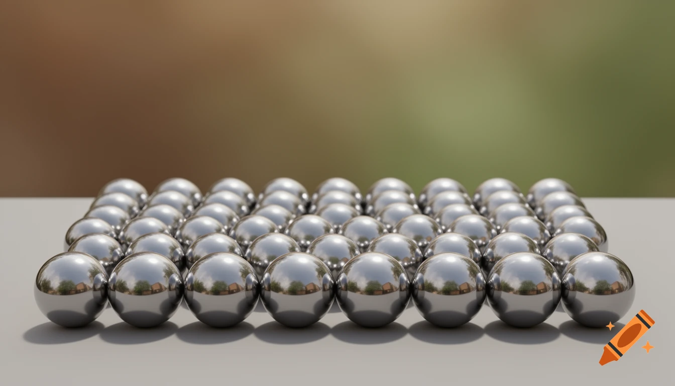 Rows of shiny metallic spheres reflect a blurry green and brown outdoor background.