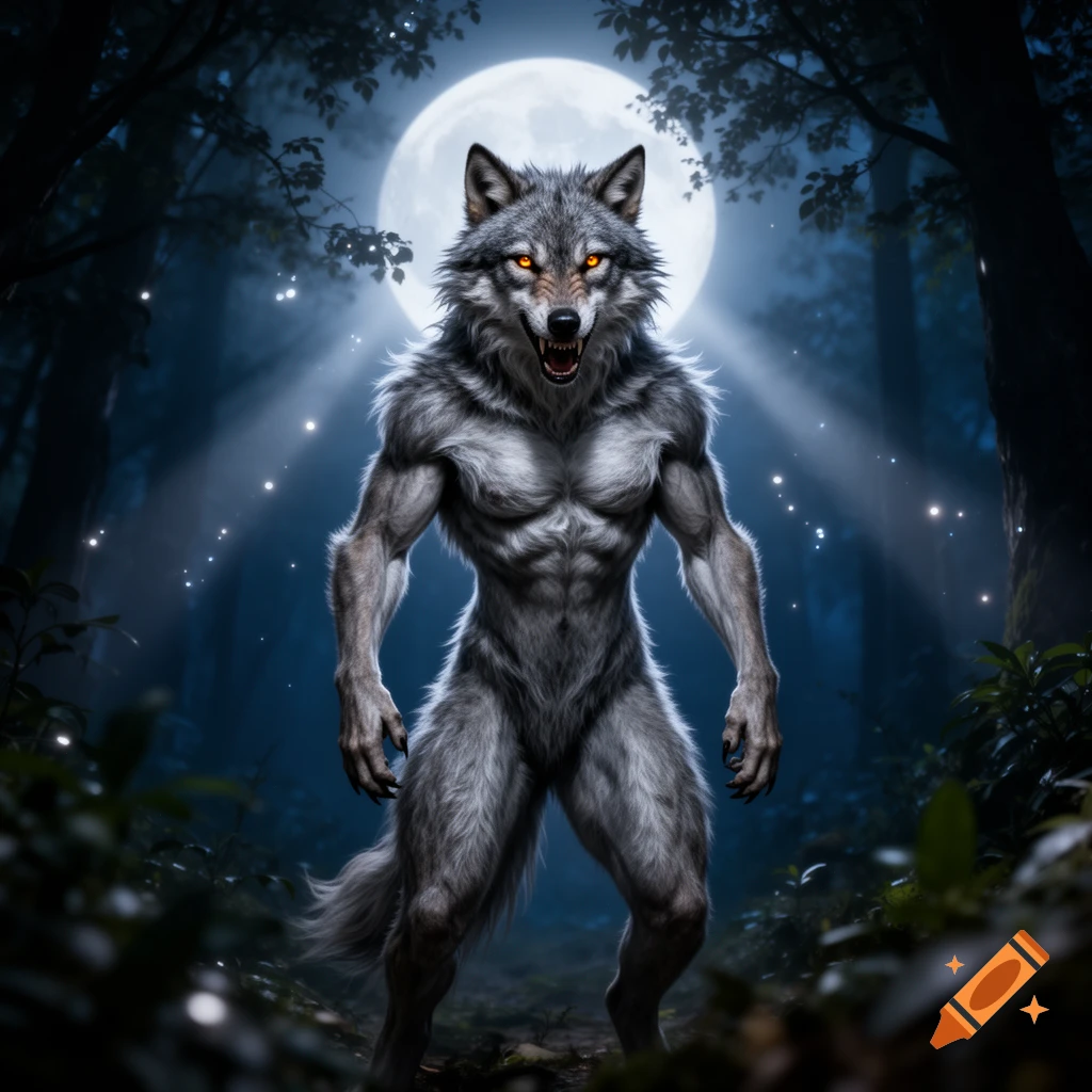 A muscular werewolf with glowing orange eyes stands snarling in a dark forest under a bright full moon.