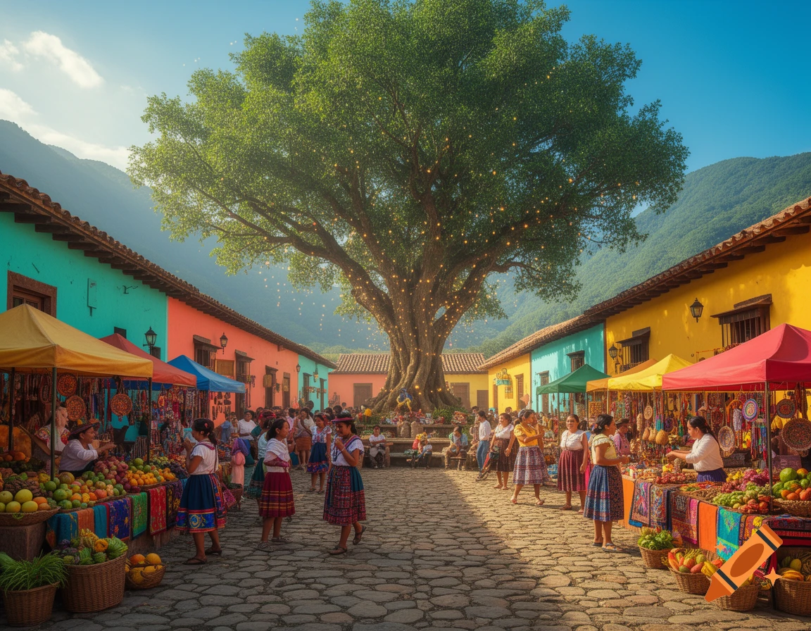 A bustling outdoor market in a village square, with colorful buildings, a large tree, and people browsing fruit and craft stalls.