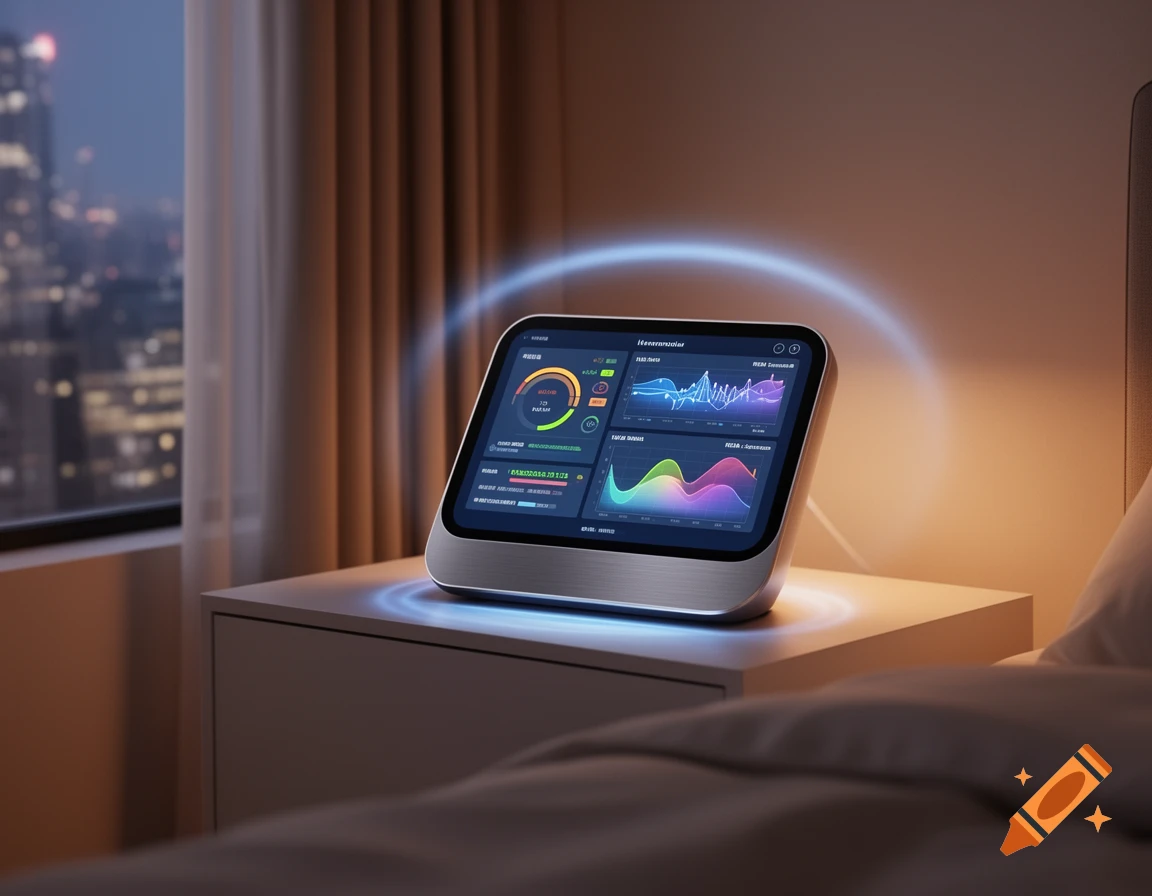 Photorealistic image of a sleek smart sleep assistant device displaying data on a nightstand in a modern bedroom with a city view.