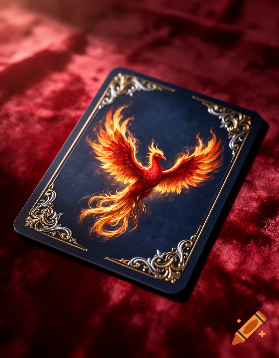 An ornate game card with a vibrant fiery phoenix centered on a dark background with gold and silver borders, on red velvet.