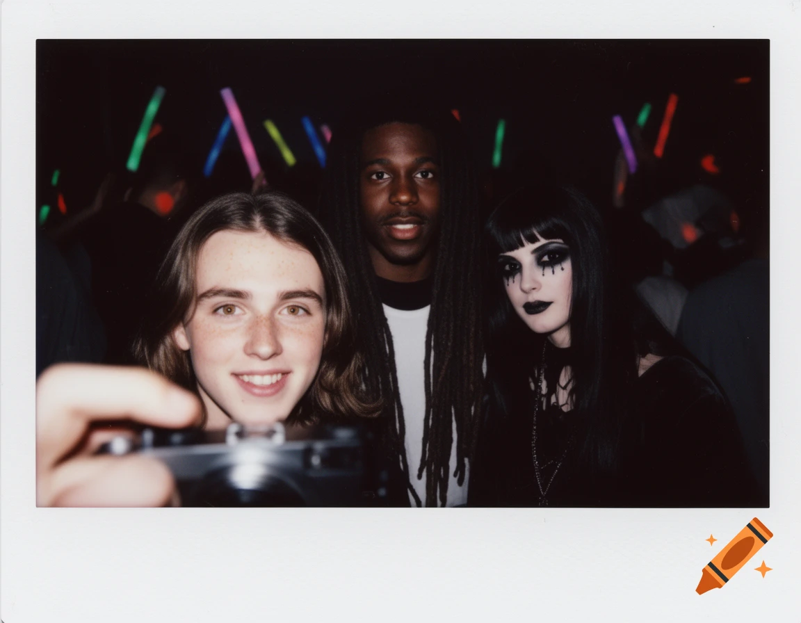 Early 2000s Polaroid photo of a smiling person taking a selfie with a dreadlocked man and a goth woman at a dark party with glow sticks.