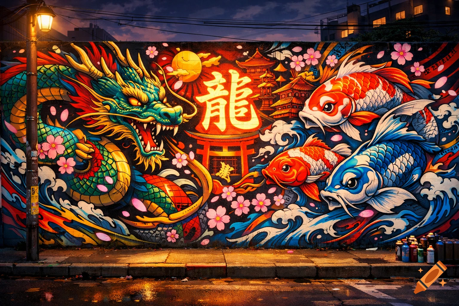 Vibrant graffiti mural depicting a green dragon, red and blue koi fish, cherry blossoms, and Japanese architecture on a dark city wall at night.