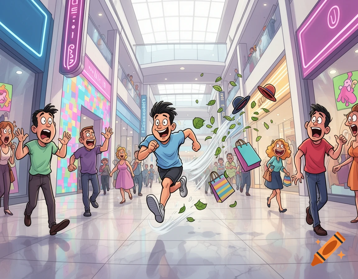 A cartoon of a man running through a busy mall, scattering leaves and shopping bags, as onlookers react with surprise.