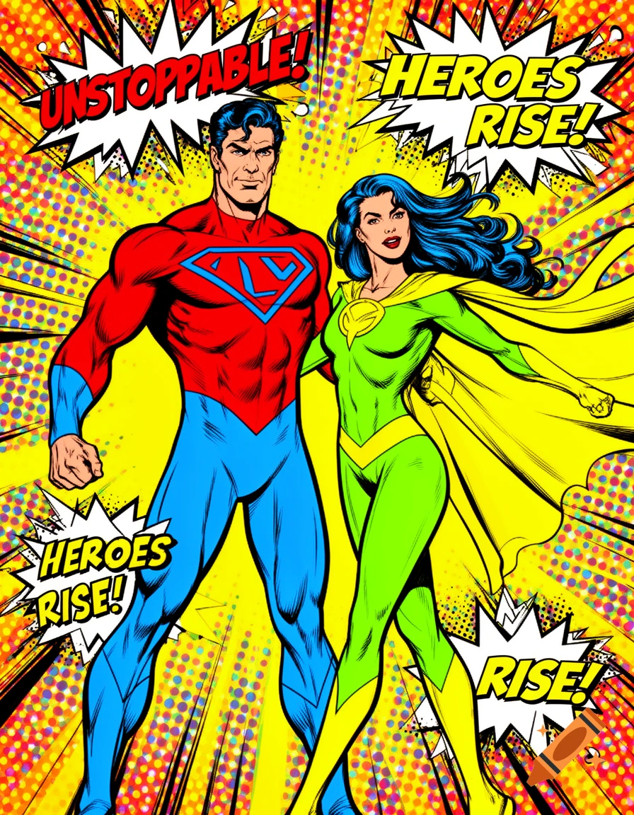 Pop art comic illustration of two superheroes, a man in red and blue and a woman in green and yellow, with 'UNSTOPPABLE!' and 'HEROES RISE!' text.