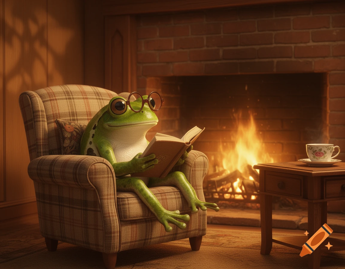 A cute, anthropomorphic frog with glasses sits in a plaid armchair, reading a book by a cozy fireplace. A teacup rests on a nearby wooden table.