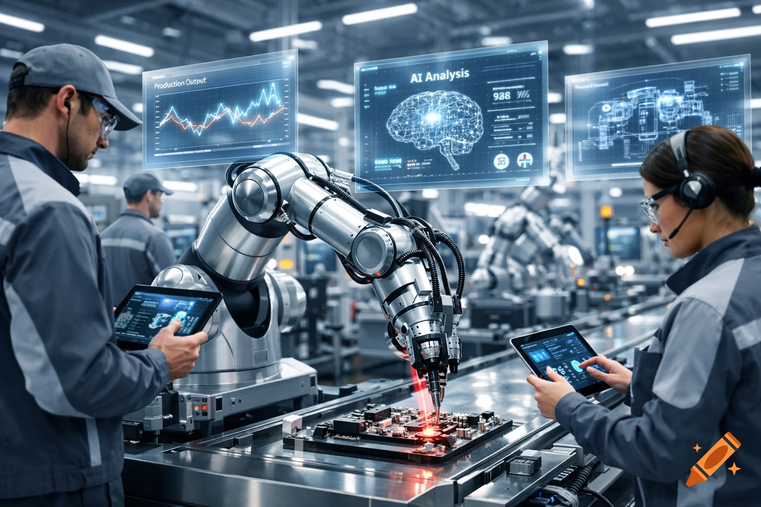 Two factory workers in safety glasses and headsets use tablets to control robotic arms assembling circuit boards in a clean, high-tech smart factory with holographic data screens showing production output and AI analysis.