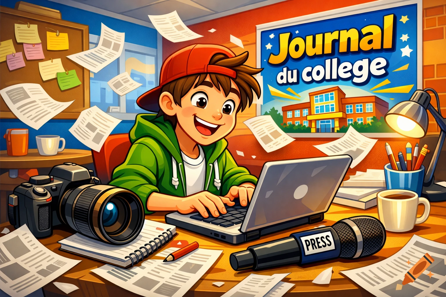 Happy cartoon boy journalist typing on a laptop at a school newsroom desk with a camera, microphone, and 'Journal du collège' poster.