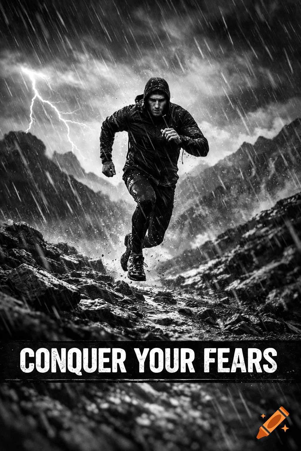 Black and white photorealistic image of a man running on a rocky mountain trail in a thunderstorm, with text 'CONQUER YOUR FEARS'.