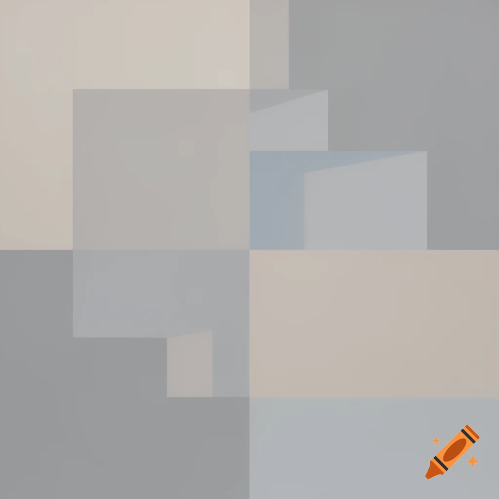A minimalist hard-edge geometric abstraction with overlapping light gray, beige, and blue rectangles.