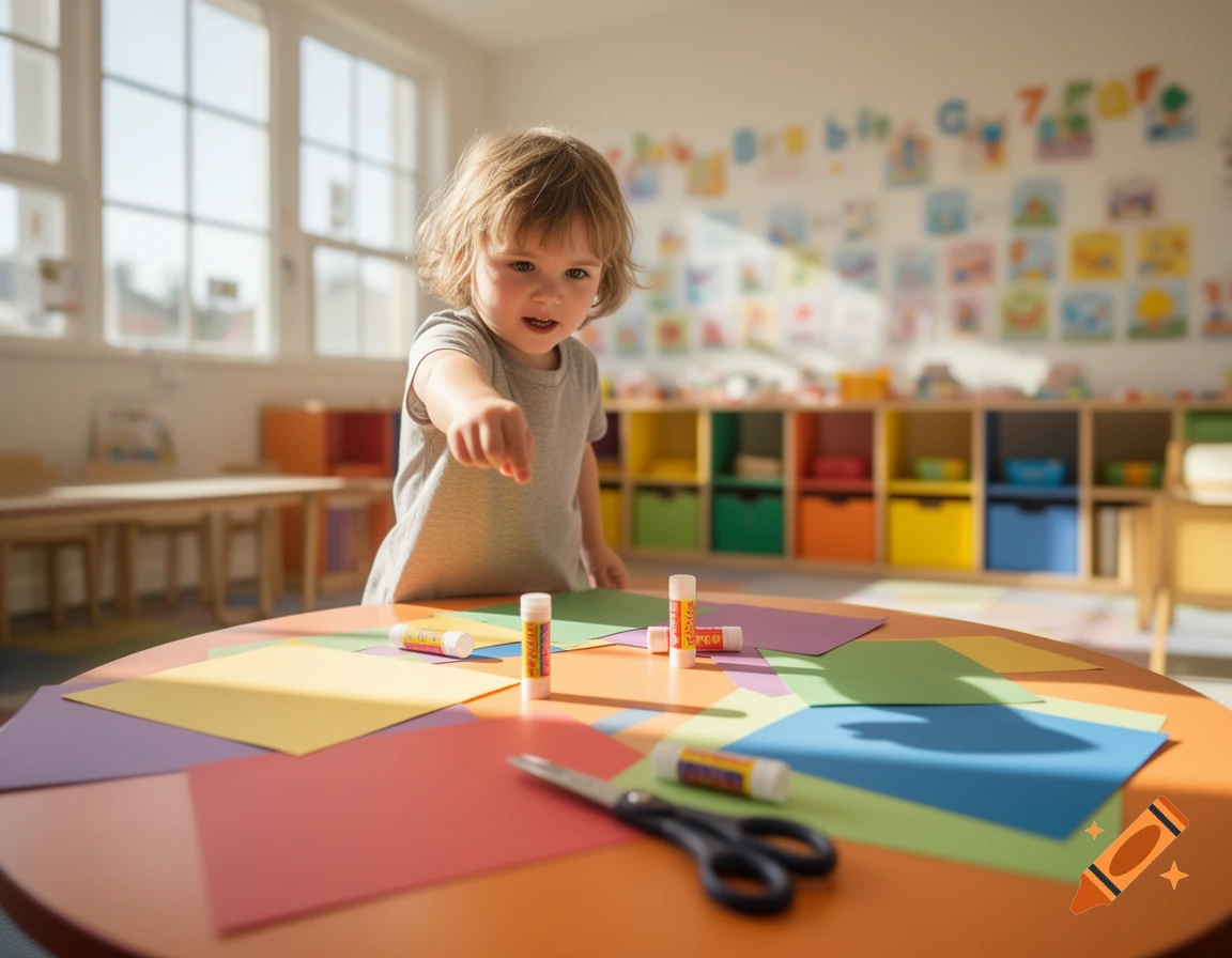 A young child in a bright classroom points toward craft supplies, including scissors, glue sticks, and colorful paper, on an orange table.