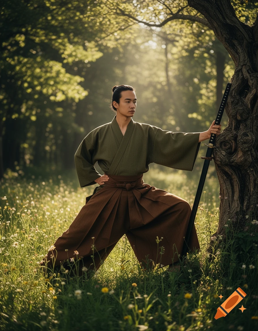 A man in traditional Japanese attire and a wide stance holds a katana by a tree in a sunlit forest.