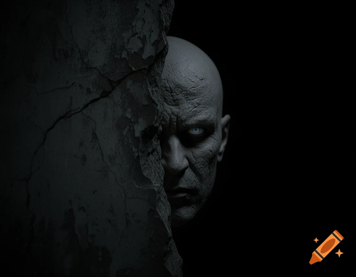 A creepy bald face with glowing blue eyes peeks from behind a cracked, textured wall in a dark, shadowy atmosphere.