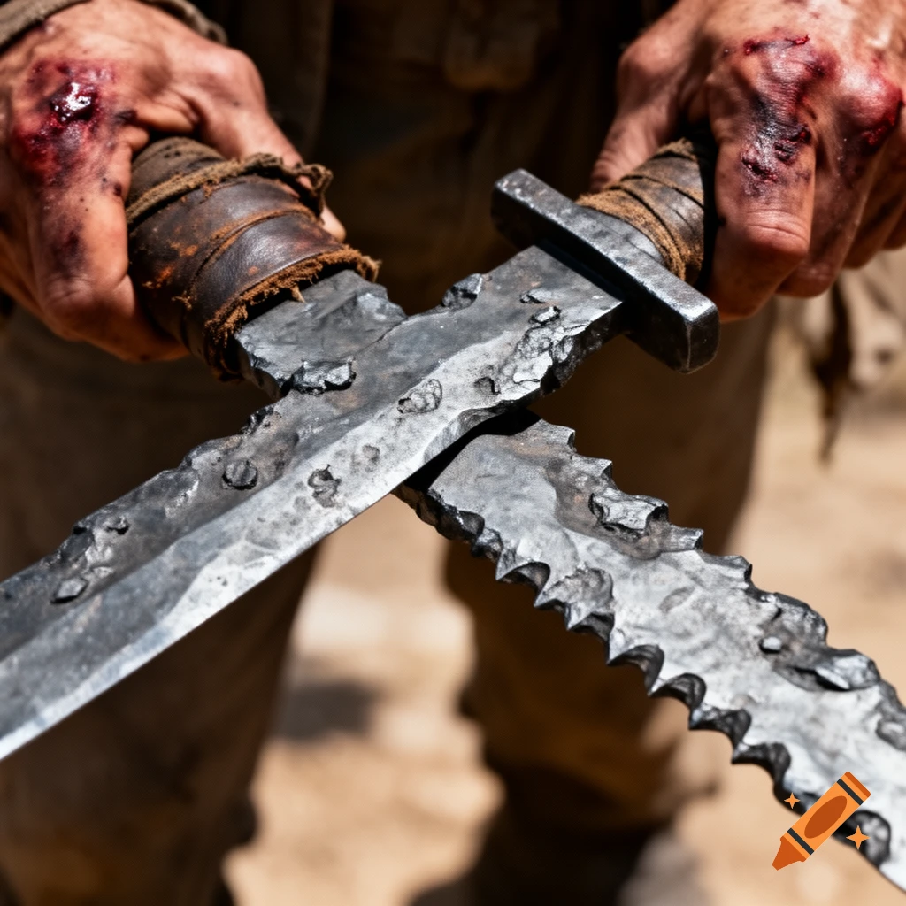 Close-up of scarred, bloodied hands holding two crude, jagged, battle-worn blades crossed together in a photorealistic style.