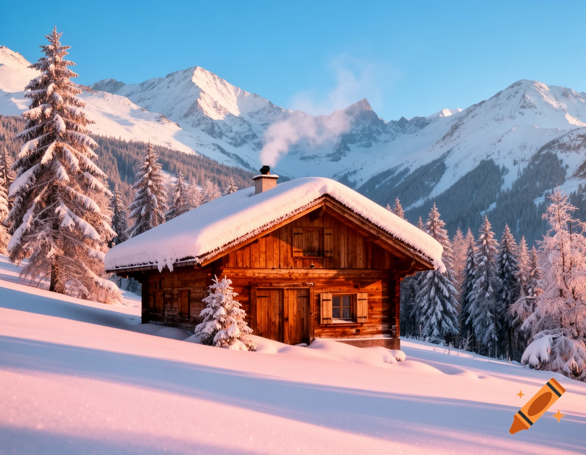 A photorealistic image of a snow-covered wooden chalet with a smoking chimney nestled in a snowy mountain landscape at sunset.