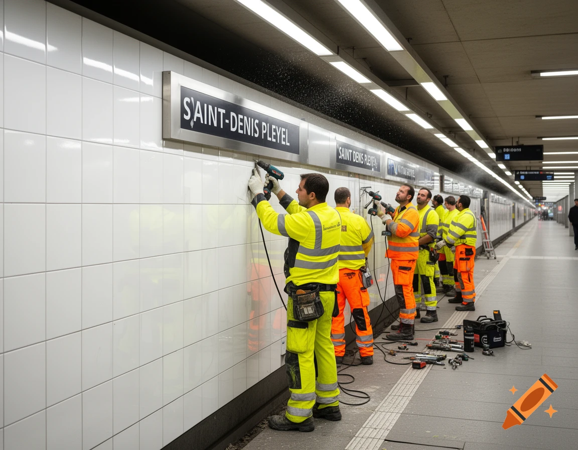 Maintenance workers in bright vests drill into a white tiled wall next to a "SAINT-DENIS PLEYEL" sign in a subway station.