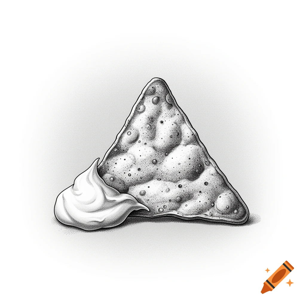 Black and white stippled drawing of a triangular nacho chip with a dollop of dip.