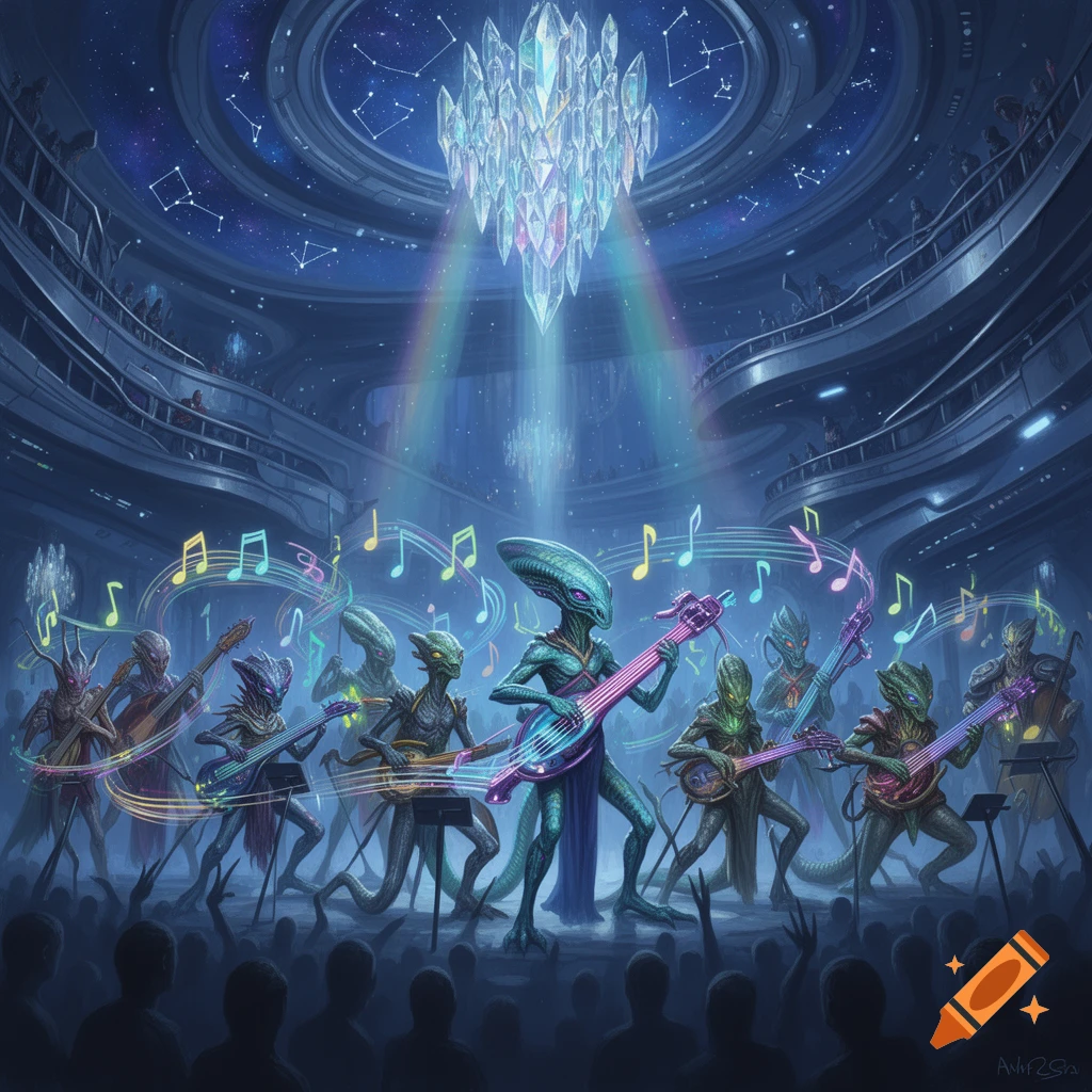 A band of diverse alien musicians plays glowing instruments on stage in a futuristic concert hall under a crystal chandelier and starry dome, digital art.
