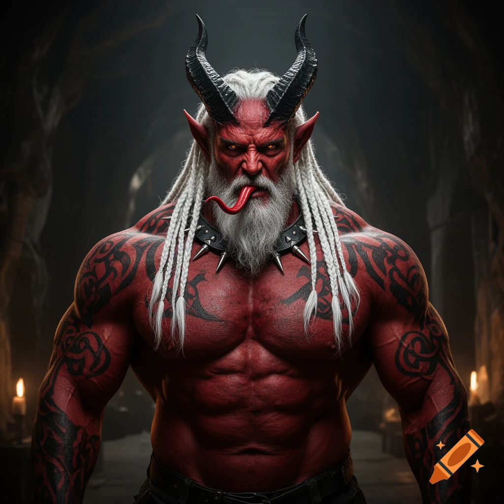 A photorealistic, muscular, red-skinned demon with black horns, white braided hair, a beard, tribal tattoos, and a snake-like tongue, wearing a spiked collar in a dark cavern.