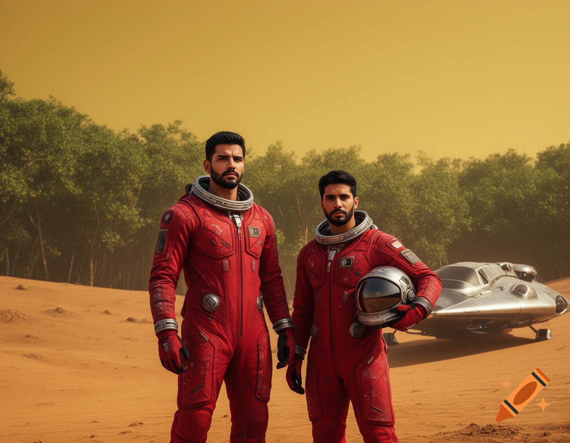 Two male astronauts in red suits with beards stand on a dusty alien planet with a forest and a spaceship.