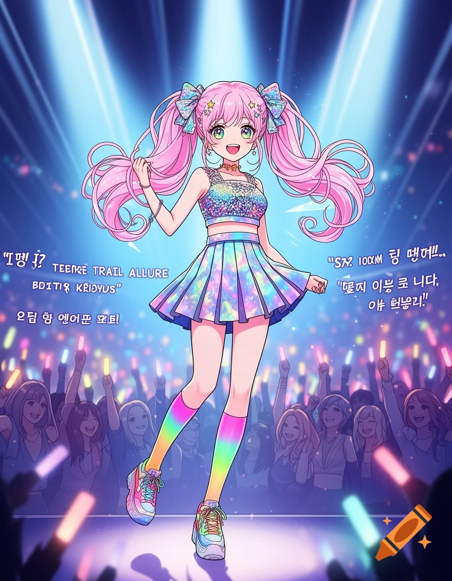 Anime girl with pink pigtails in a rainbow outfit performing on stage for a cheering crowd at a concert.