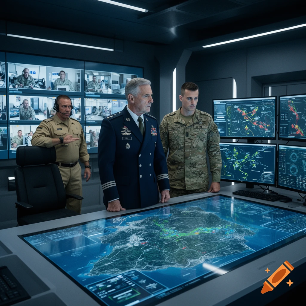 Three military officers in a modern command center, looking at a large holographic map table and multiple screens displaying tactical data.