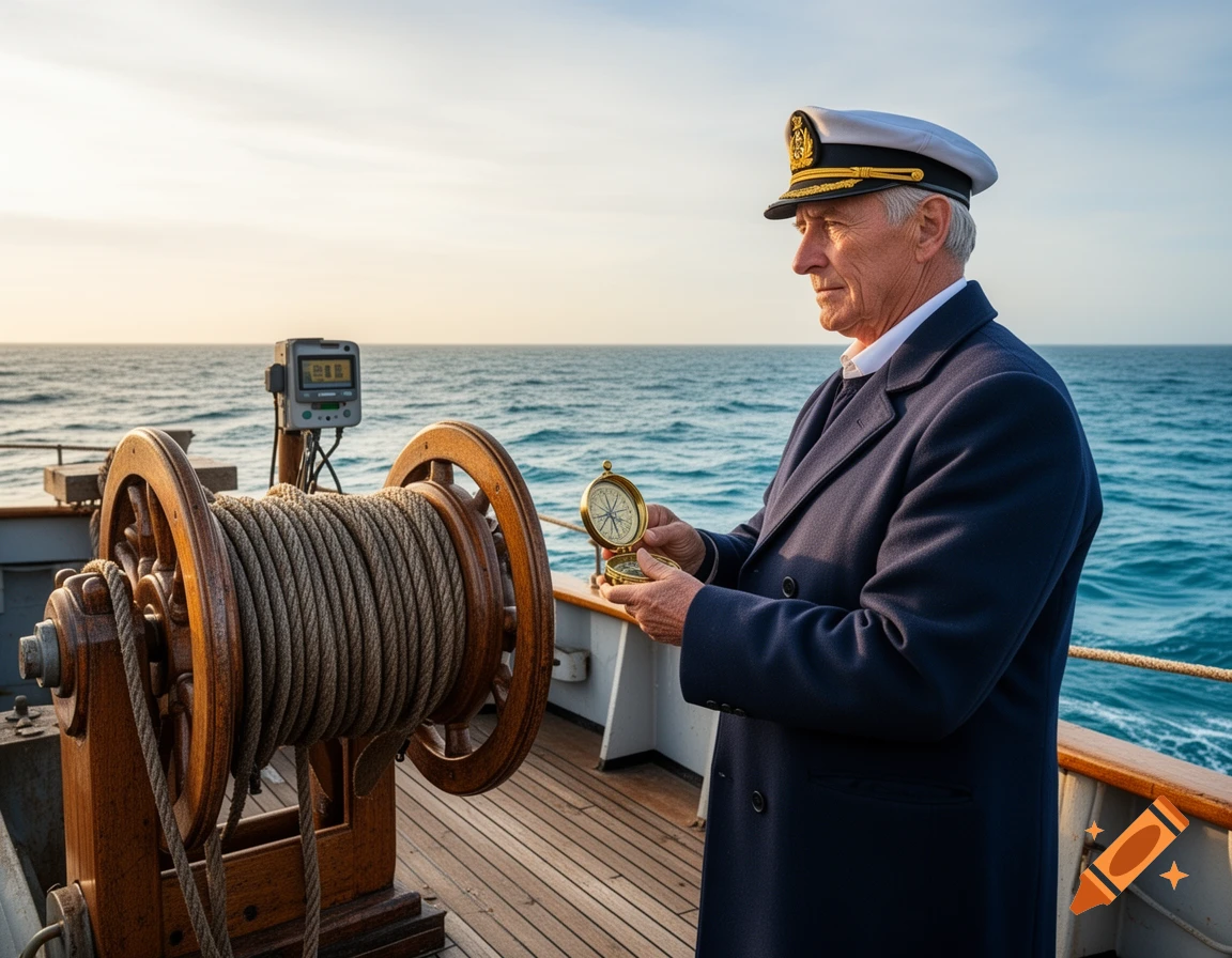 A photorealistic image of a captain on a boat looking at a brass compass, with a large rope spool and the ocean in the background.
