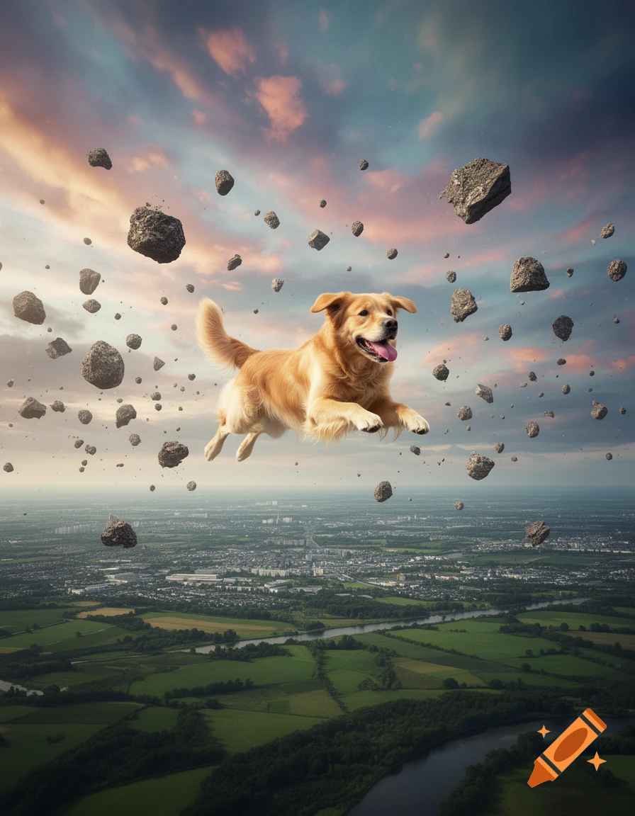 A golden retriever dog flies above a landscape with floating rocks in a cloudy sky.