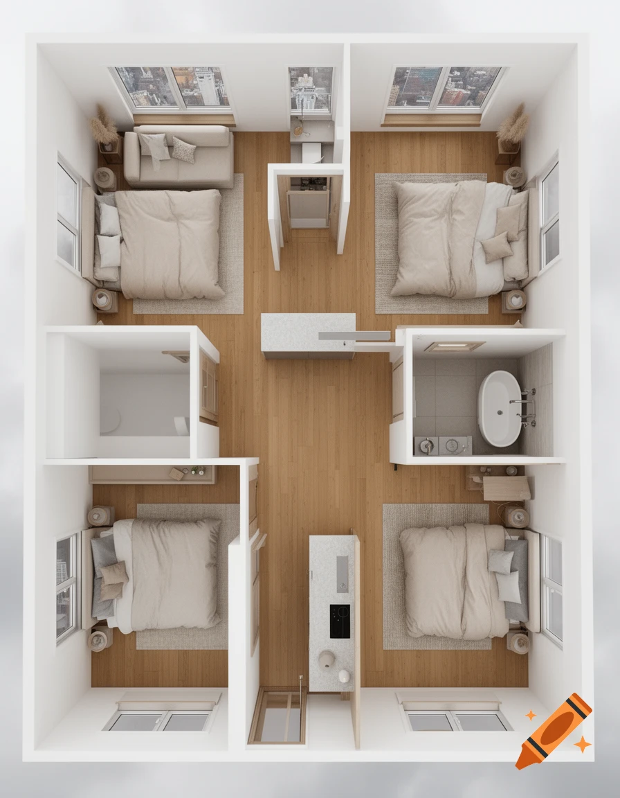 Overhead view of a modern 4-room apartment floor plan, showing bedrooms, bathrooms, kitchen, and living area.