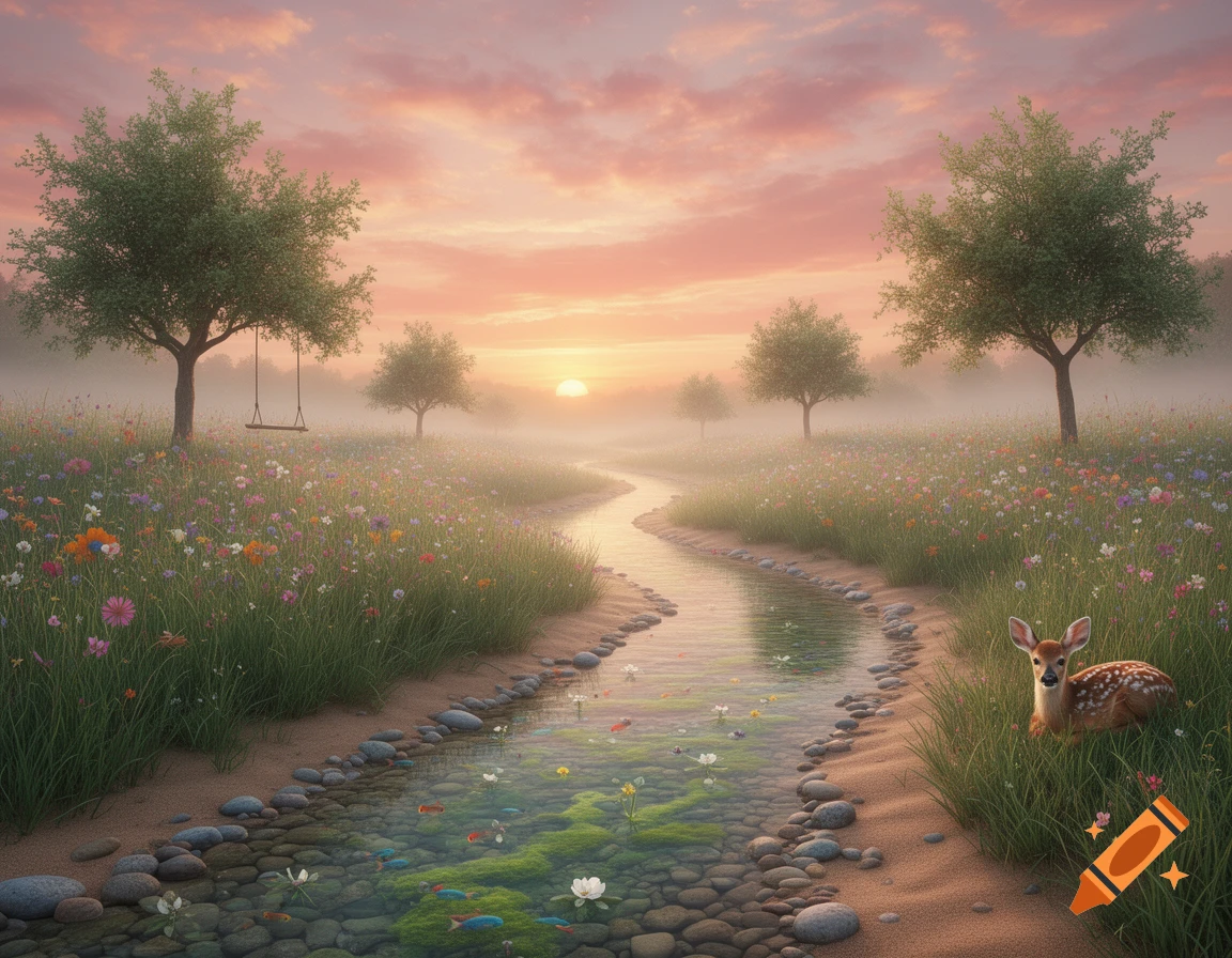 Dreamy misty meadow at sunset with a winding stream, colorful wildflowers, trees, a swing, and a deer in the grass.