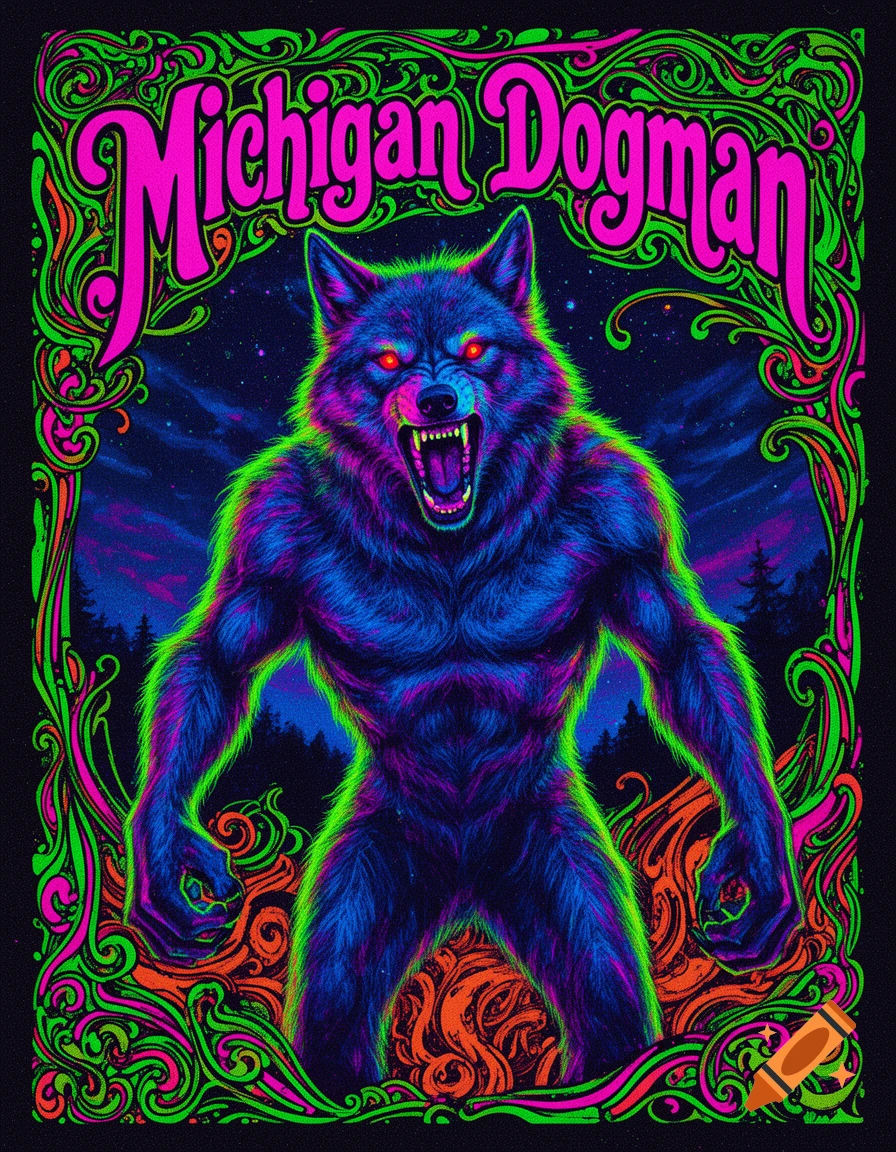 A neon-colored blacklight poster of a snarling Michigan Dogman, surrounded by swirling psychedelic green and orange patterns against a dark forest.