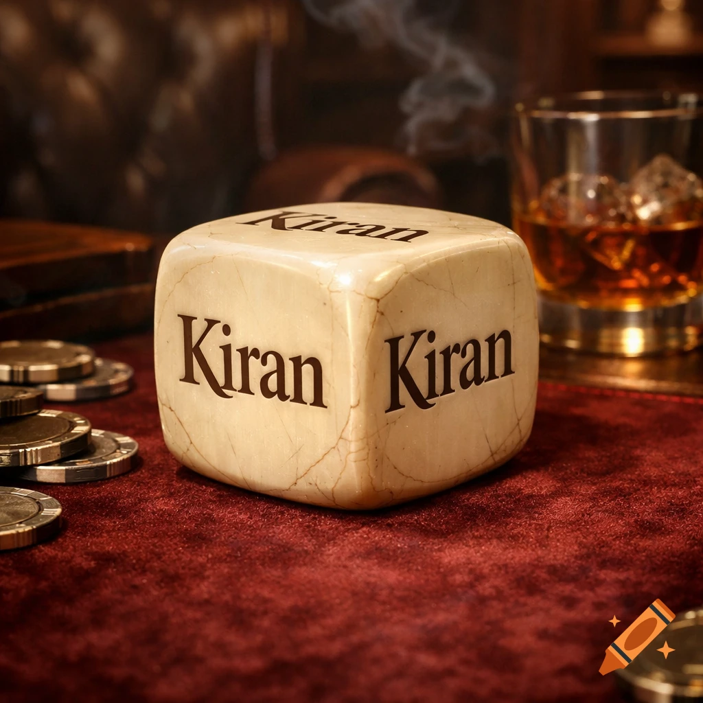 Photorealistic custom die with 'Kiran' on each side, on a red velvet table with poker chips and a glass of whiskey.