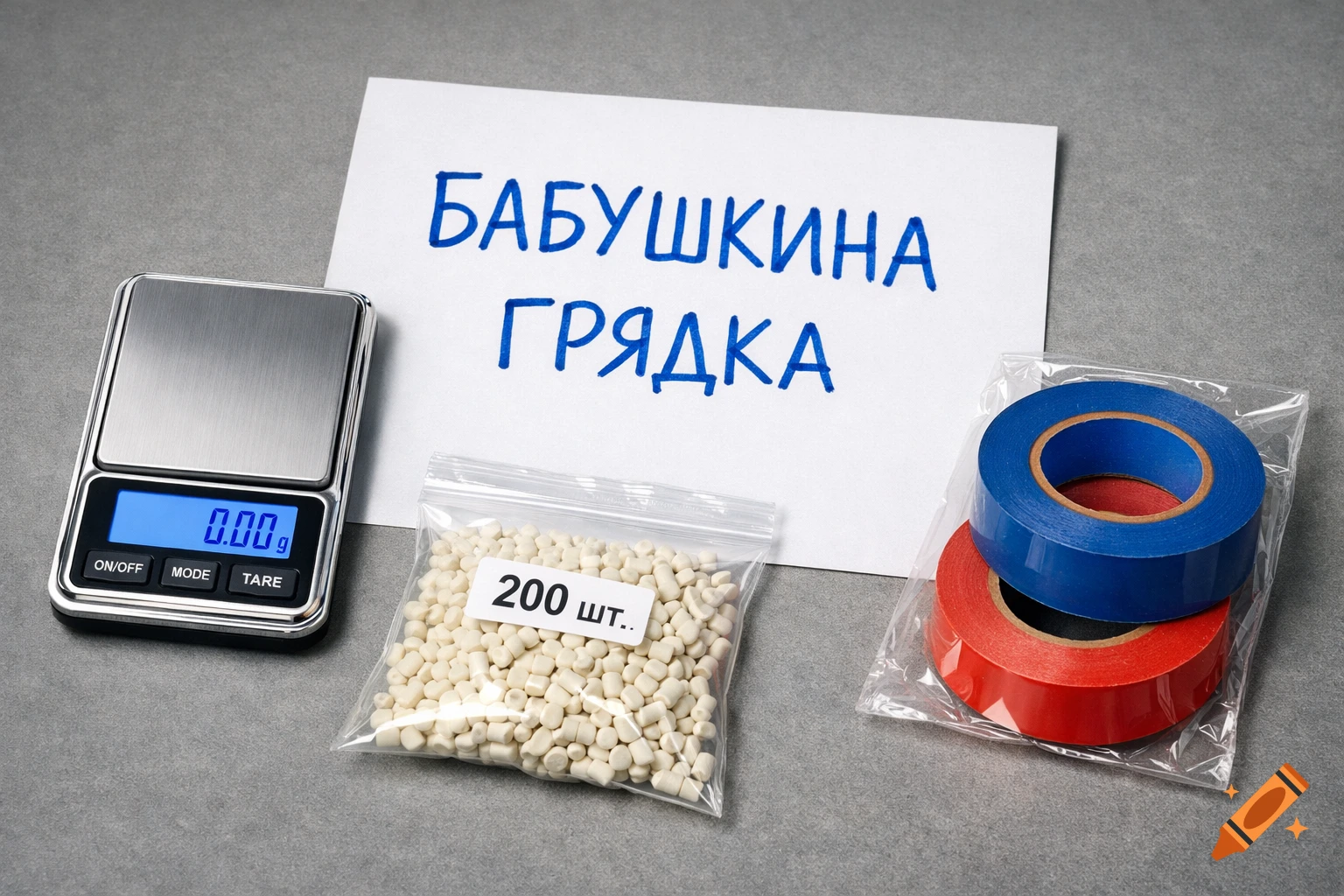 A flat lay shows a digital scale reading '0.00g', a bag of pellets, blue and red electrical tape, and a paper with Russian text.