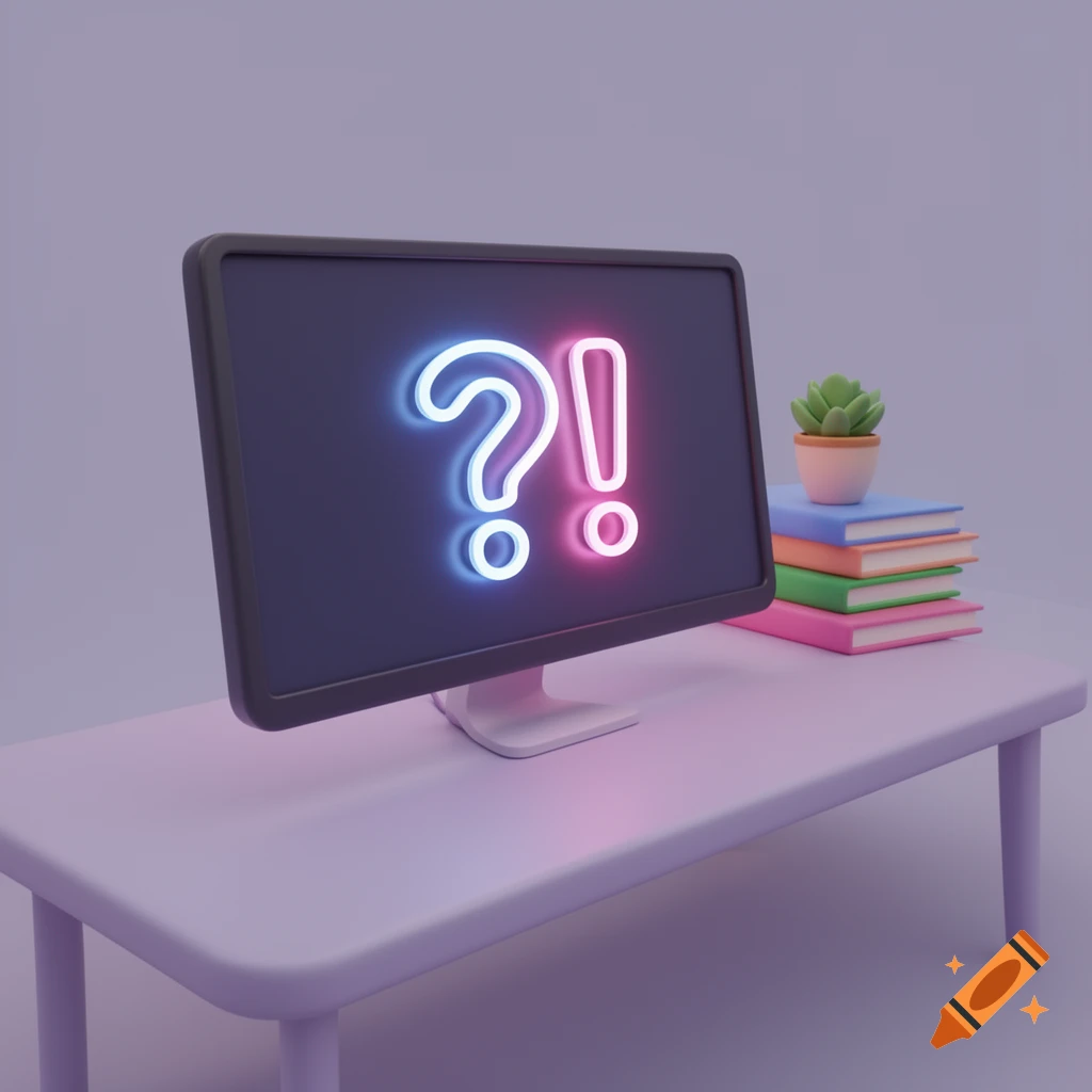 A 3D isometric cartoon illustration of a computer screen displaying a glowing blue question mark and a pink exclamation mark, with a stack of colorful books and a small potted plant on a purple desk.