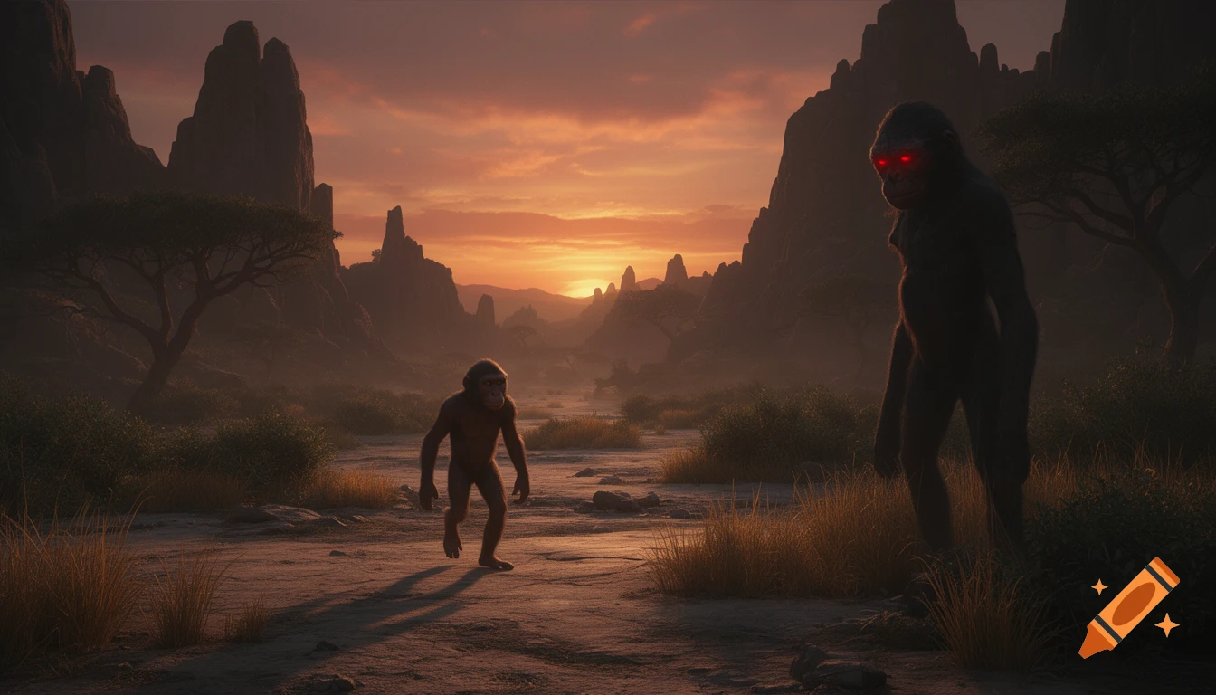 An Australopithecus walks through a prehistoric valley at sunset, observed by a shadowy, red-eyed humanoid figure.