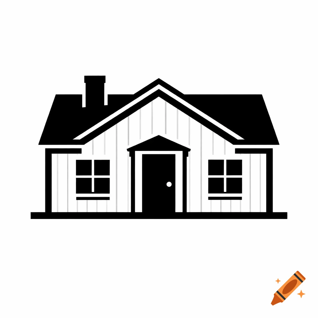 A minimalist black and white icon of a house with a chimney and two windows on either side of a front door.