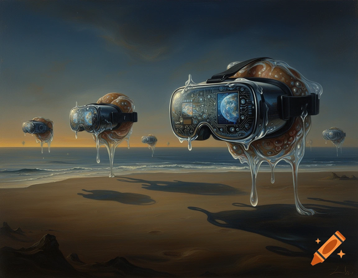 Surreal Dalí-style painting of melting VR headsets with circuit screens on a desolate beach at sunset.