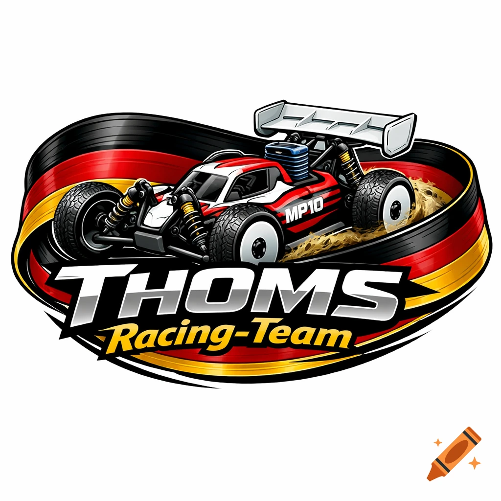 Logo of a red and white RC racing car within a German flag ribbon, with 'THOMS Racing-Team' below.