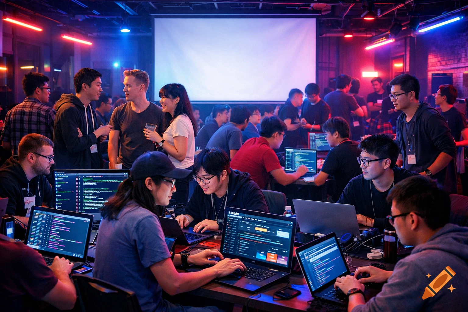 A wide-angle, photorealistic shot of IT enthusiasts at a neon-lit hackathon, some coding on laptops, others chatting.
