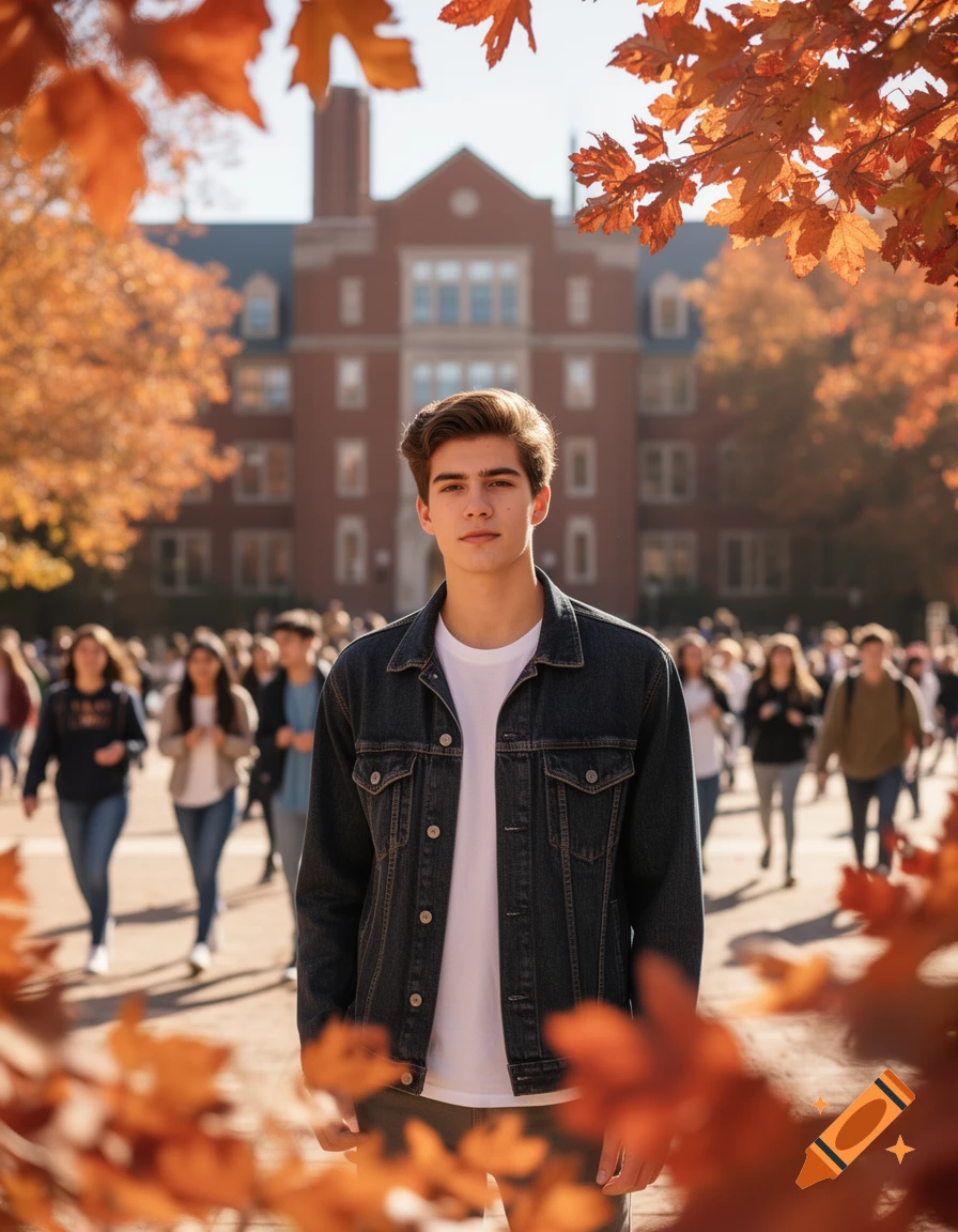A handsome young man in a denim jacket stands on a college campus in autumn, framed by orange leaves, with a building in the background.